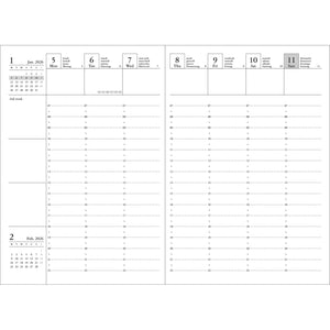 Two-page calendar layout for January and February 2026 with time slots and notes.