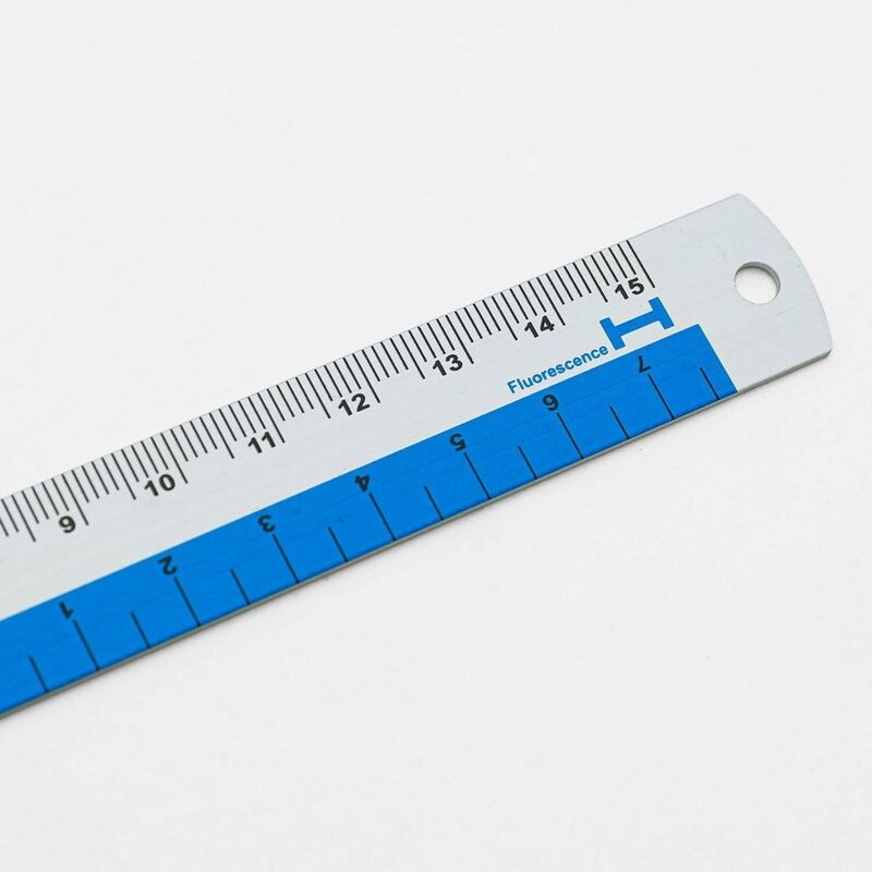 Ruler with blue measurement scale on a white background