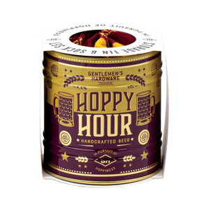 Can of 'Hoppy Hour' handcrafted beer with purple and yellow design on a white background