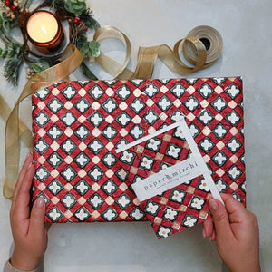Block Printed Wrapping Paper Sheets | Floral Checks Scarlet