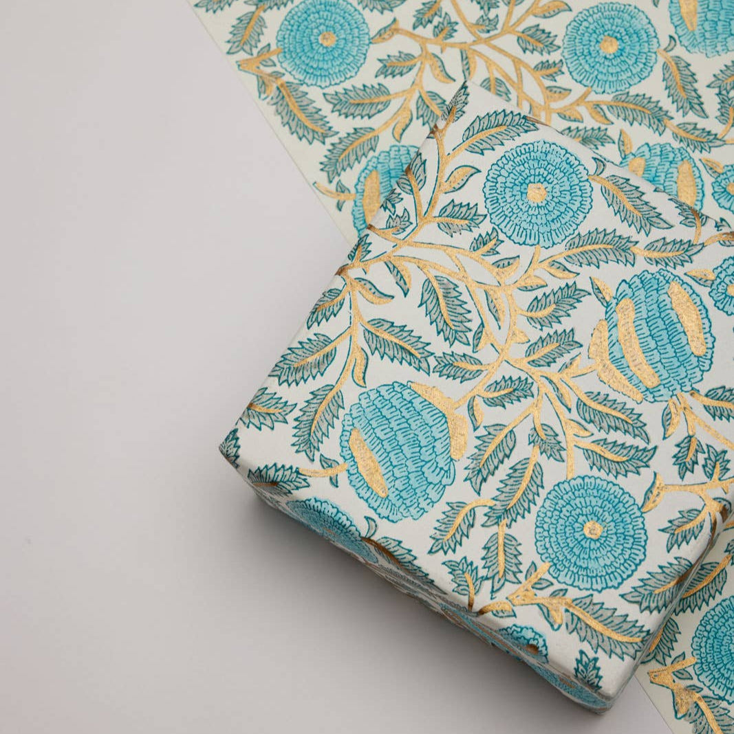 Block Printed Wrapping Paper Sheets | MarigoldGlitz Turquoise