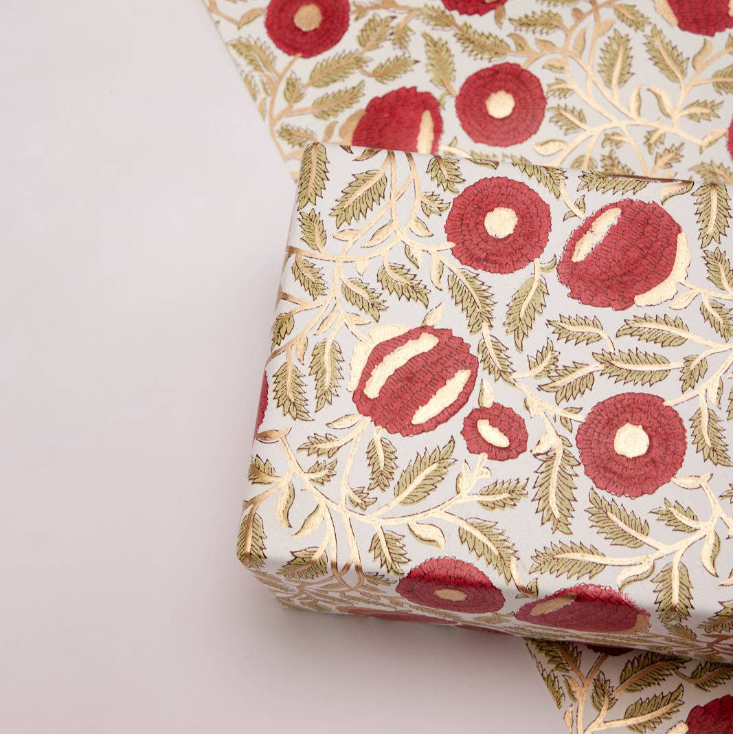 Block Printed Wrapping Paper Sheets | Marigold Glitz Scarlet