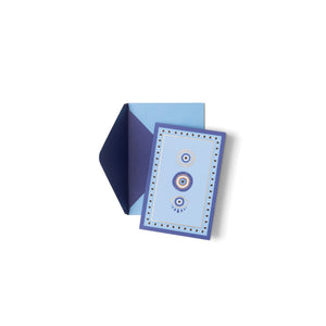 Blue card with geometric design on a white background