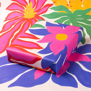 Colorful floral-patterned gift wrap with a box on a matching background