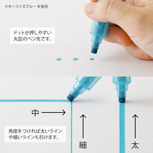 Blue highlighter pen being used on a white surface with text and arrows indicating different line thicknesses.