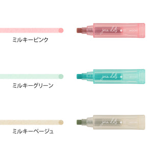 Three highlighters with pink, green, and beige colors on a white background
