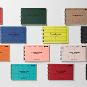 Collection of colorful weekly schedule notebooks arranged in a grid on a light gray background.