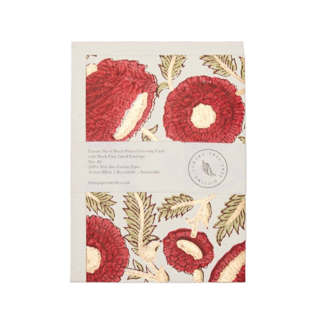 Hand Block Printed Greeting Card | Marigold Glitz Scarlet