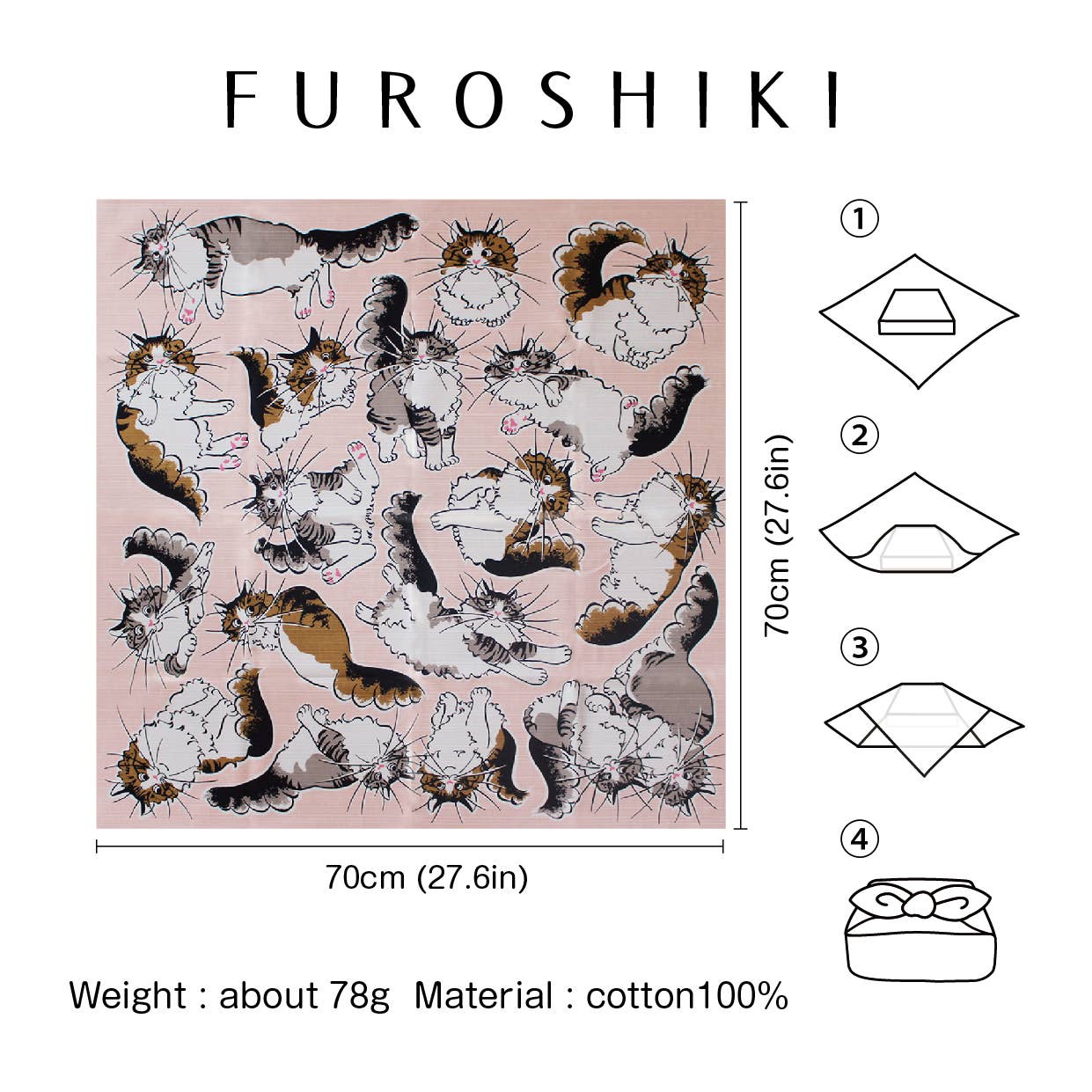 Japanese Fabric Gift Wrap/Scarf | Furoshiki | 70cm×70cm | Cat Pink