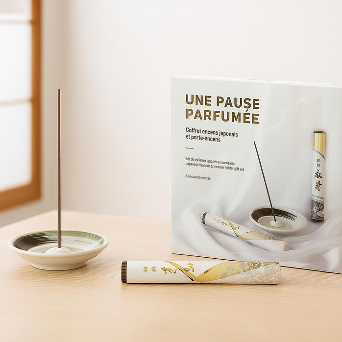 Incense packaging with incense sticks on a wooden surface