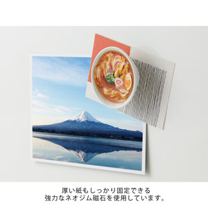 Fridge magnet with Mount Fuji and a bowl of soup on a white background
