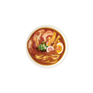 Bowl of ramen with noodles, egg, and vegetables on a white background