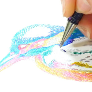 Colorful feather being drawn with a pen on a white background