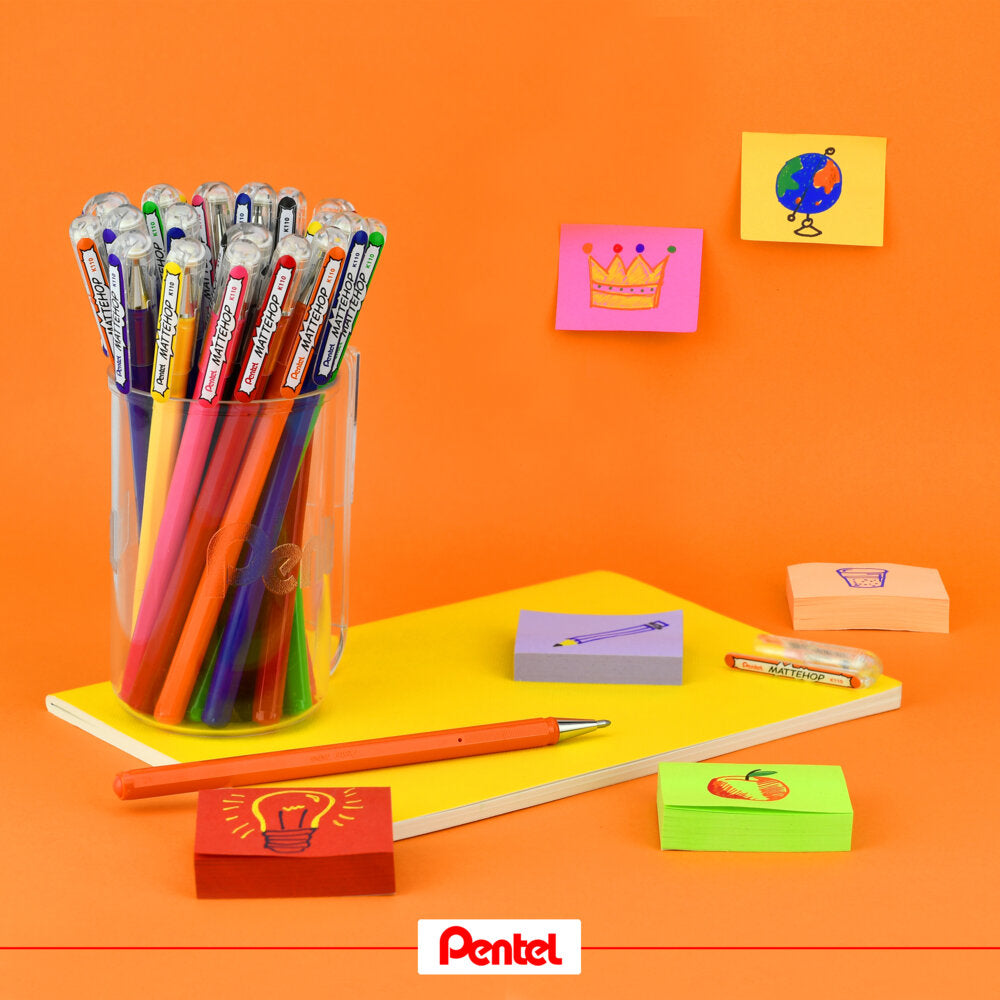Colorful pens in a glass holder on an orange background with Pentel branding.