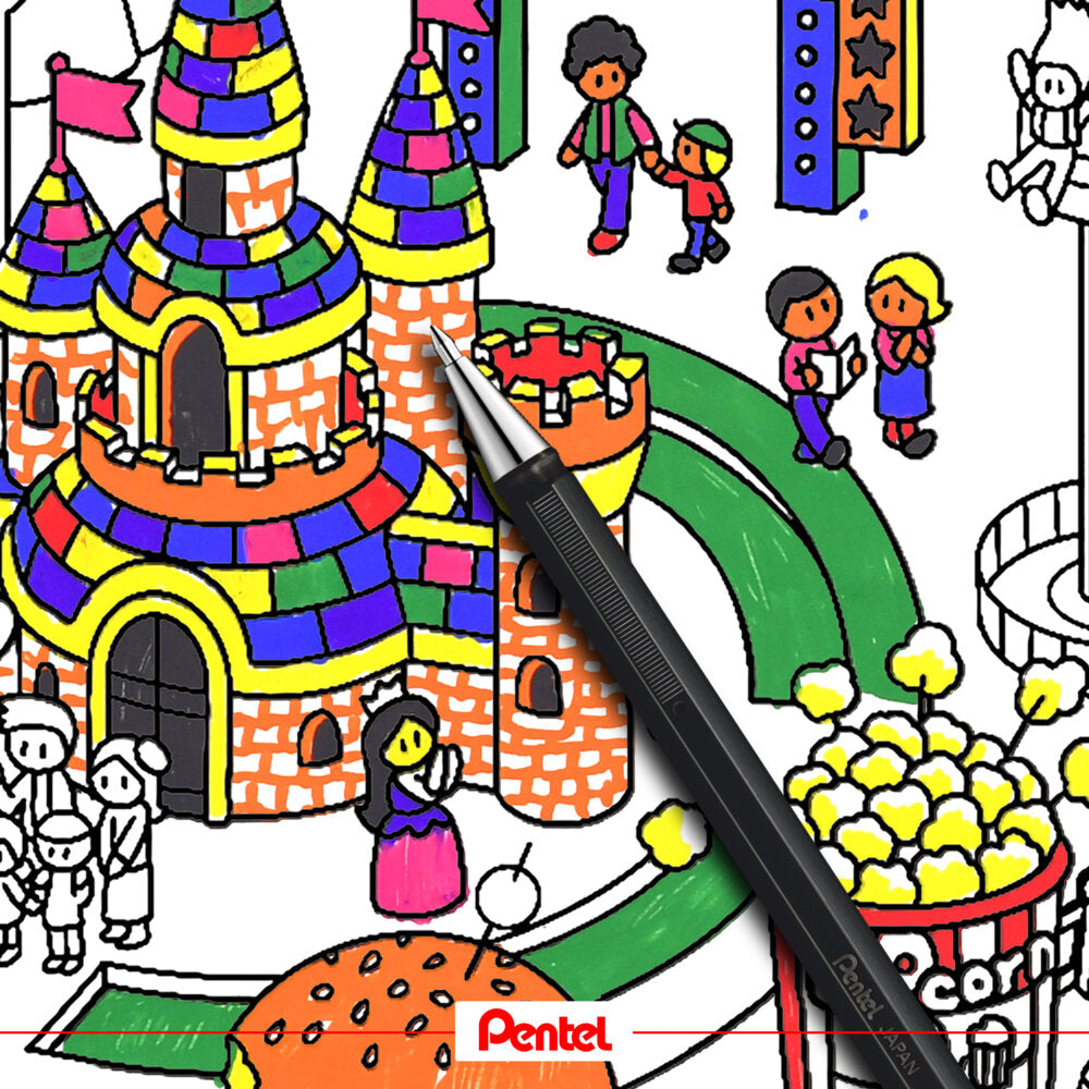 Colorful drawing of a castle with children around, featuring the Pentel brand.