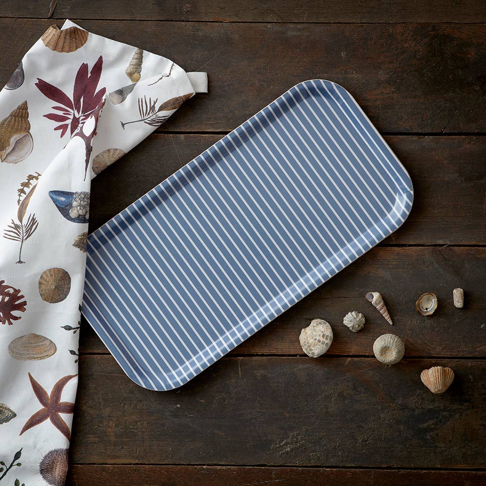 Blue striped tray on a wooden surface with a floral towel and seashells.
