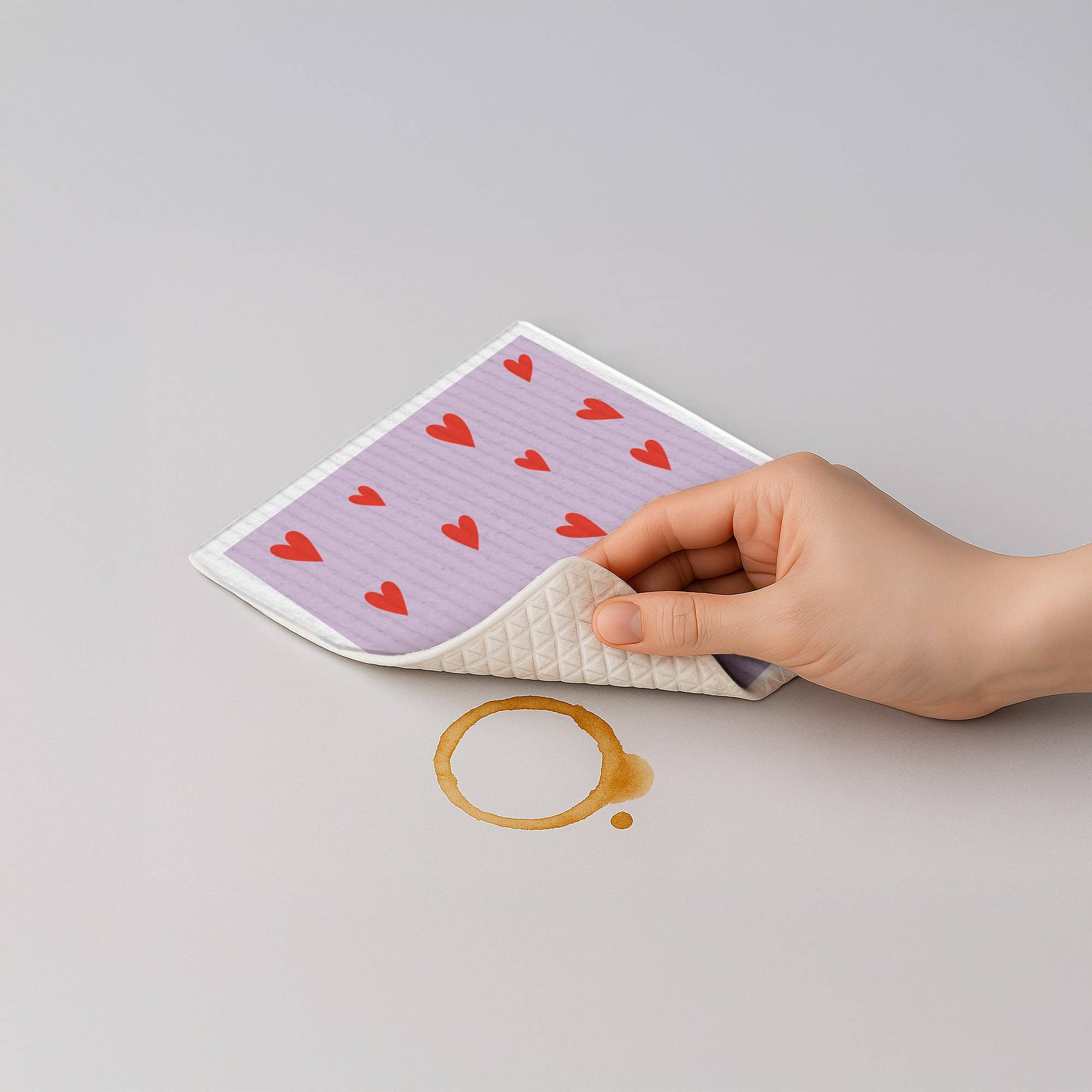 Hand holding a quilted coaster with red heart pattern over a coffee spill on a gray surface