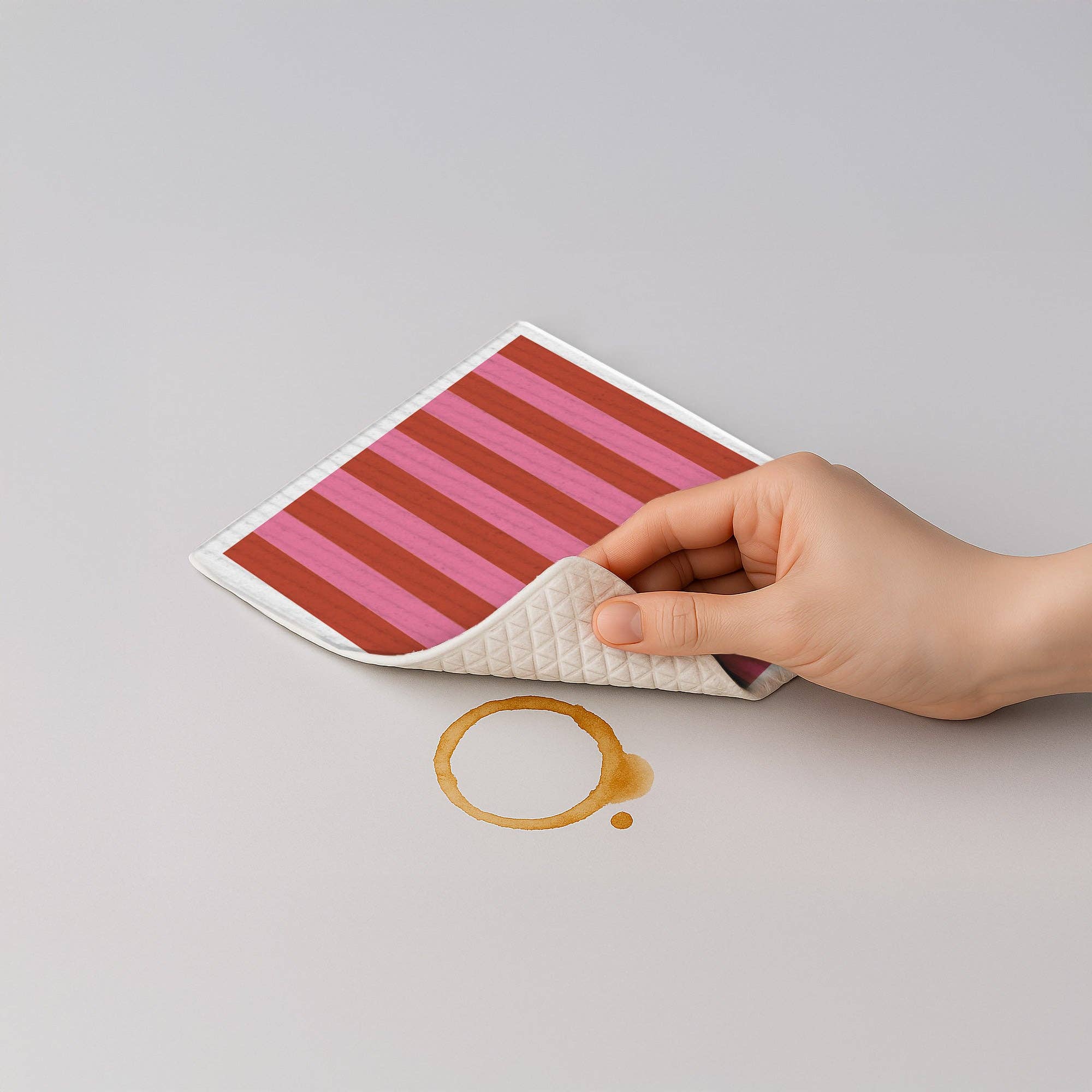 Hand holding a striped coaster over a coffee spill on a gray surface