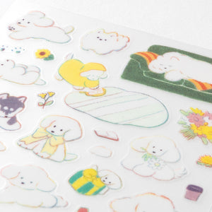 Sheet of colorful stickers featuring cartoon animals and objects on a white background