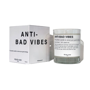 scented candle with the writing "anti-bad vibes" and funny description on