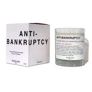 scented candle with the writing "anti-bankruptcy" and funny description on