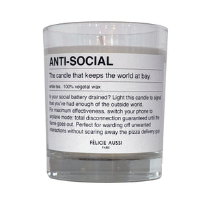 scented candle with the writing "anti-social" and funny description on
