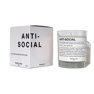 scented candle with the writing "anti-social" and funny description on