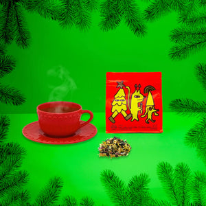 christmas flovour tea with red and yellow illustration packaging