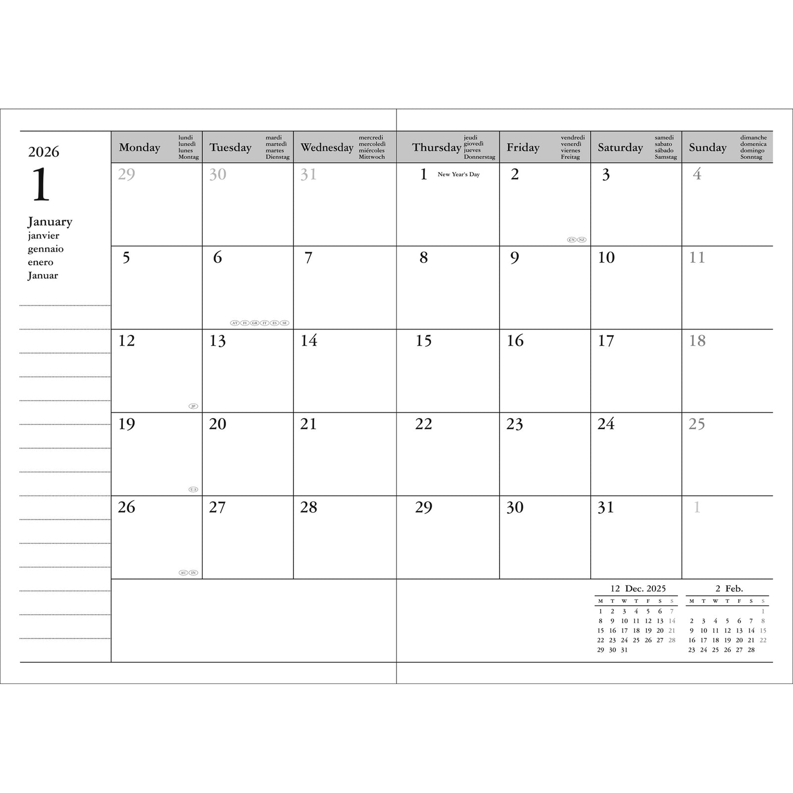 2026 Pocket Calendar Agenda A6 | Birds Green