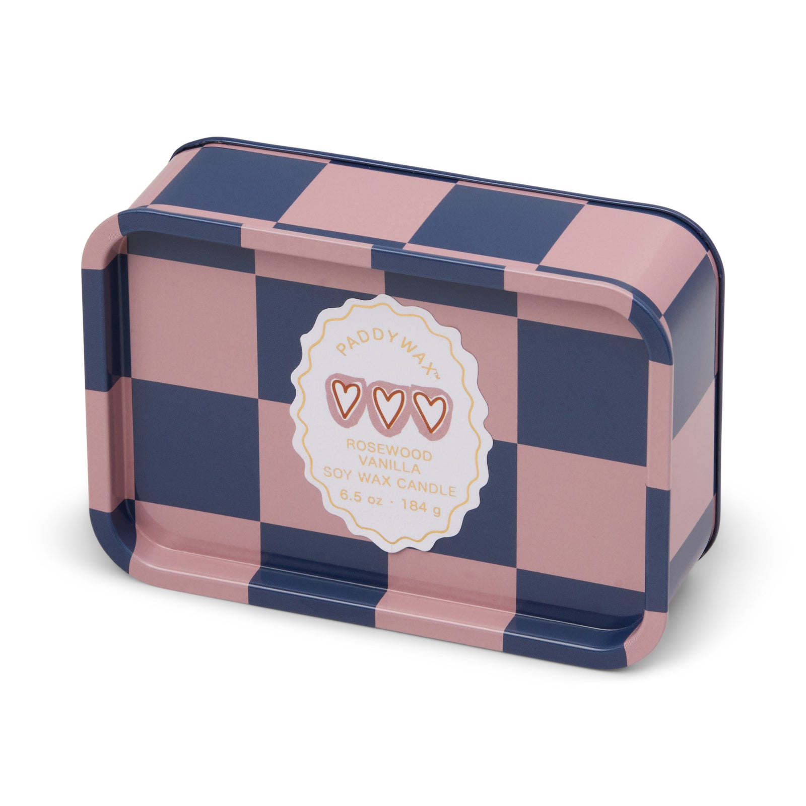 Checkered pink and blue tin with a label on a white background