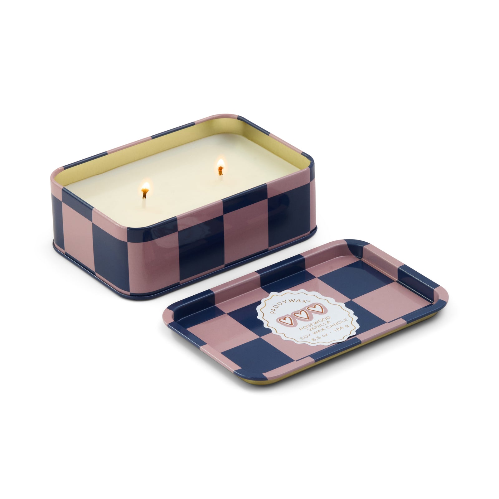 Checkered pink and blue tin with a label on a white background