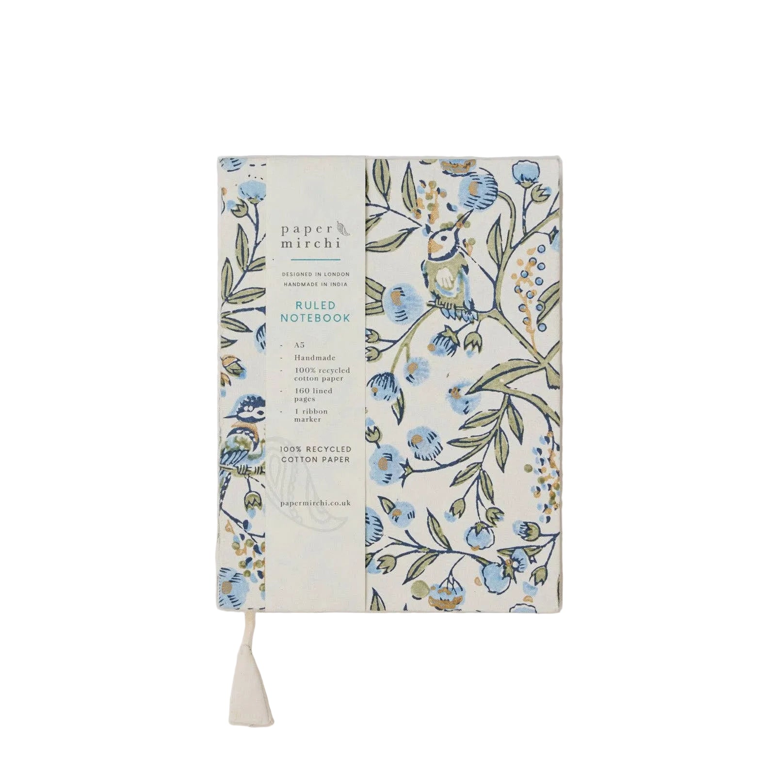 Block Printed Ruled Notebook | Song Birds Blue Stone