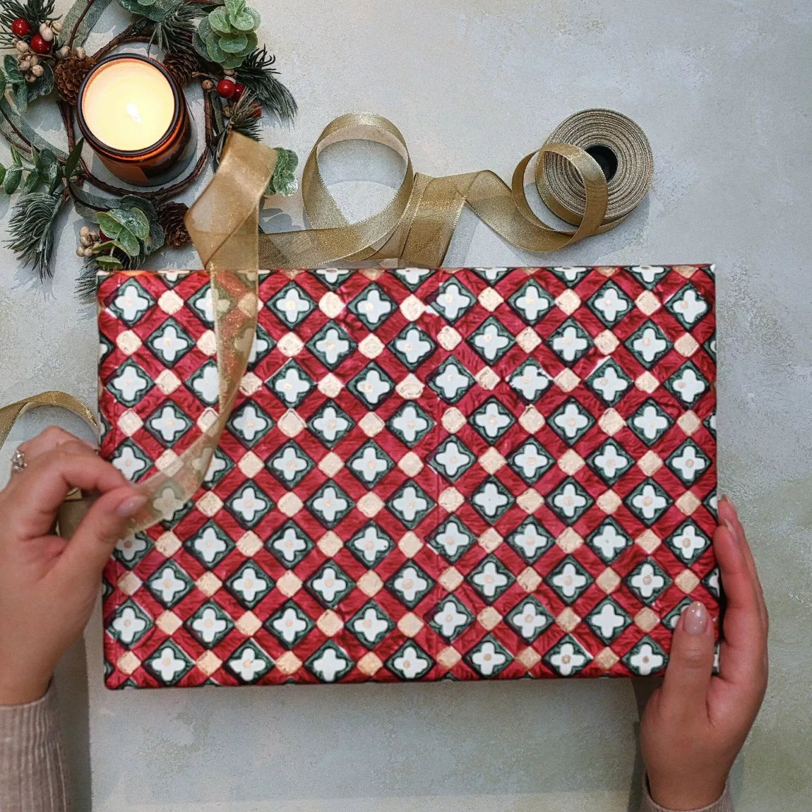 Block Printed Wrapping Paper Sheets | Floral Checks Scarlet