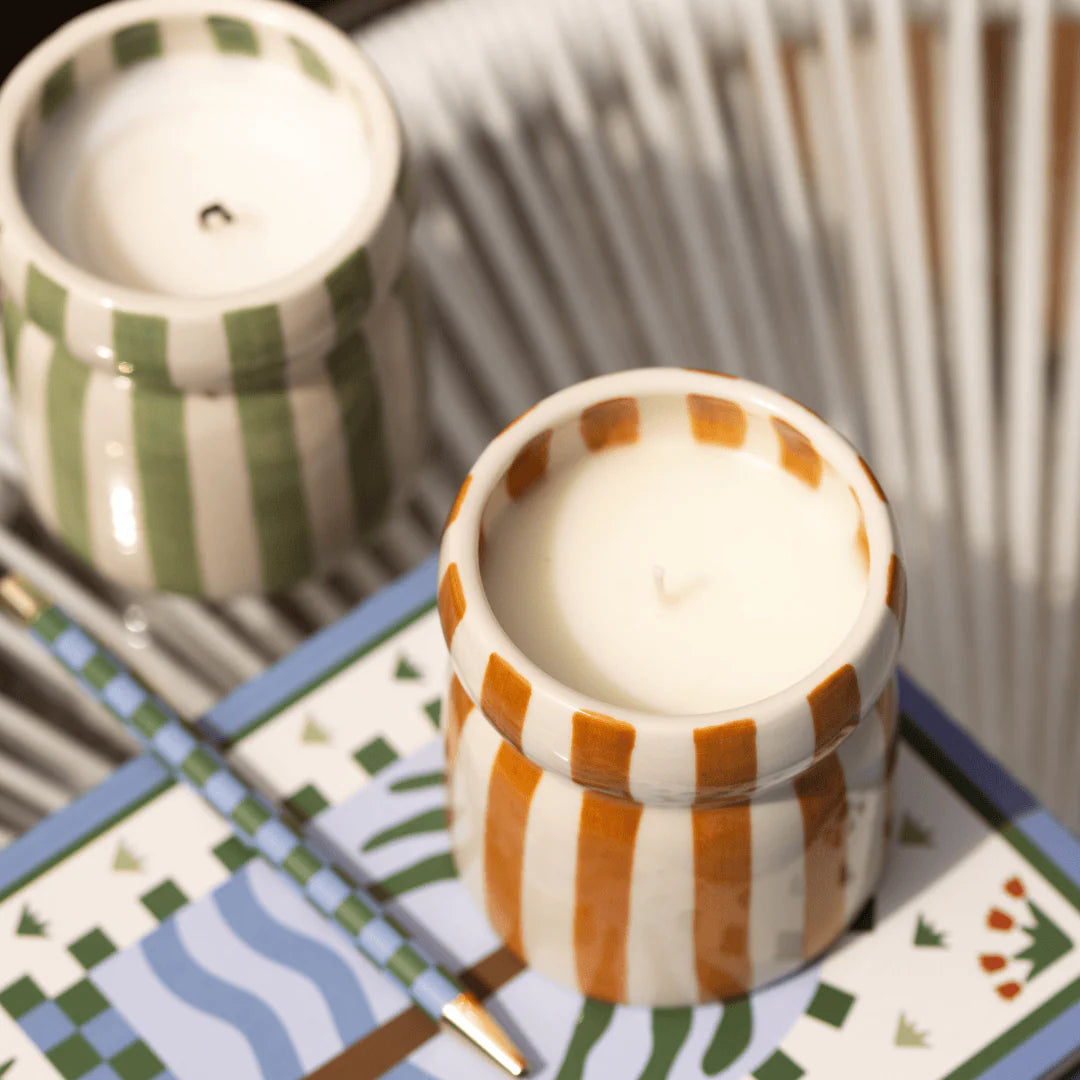 Cabana Brown Striped Ceramic Candle | Sienna Sunset