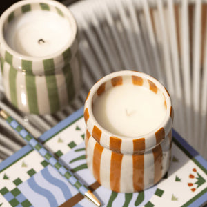 Cabana Brown Striped Ceramic Candle | Sienna Sunset