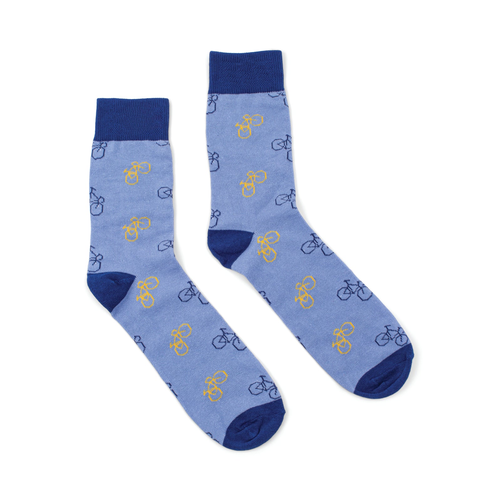 Light blue socks with bicycle pattern and dark blue toes and cuffs on a white background