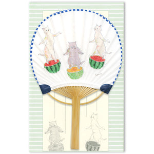 Dancing Cats Uchiwa Bamboo Fan Card