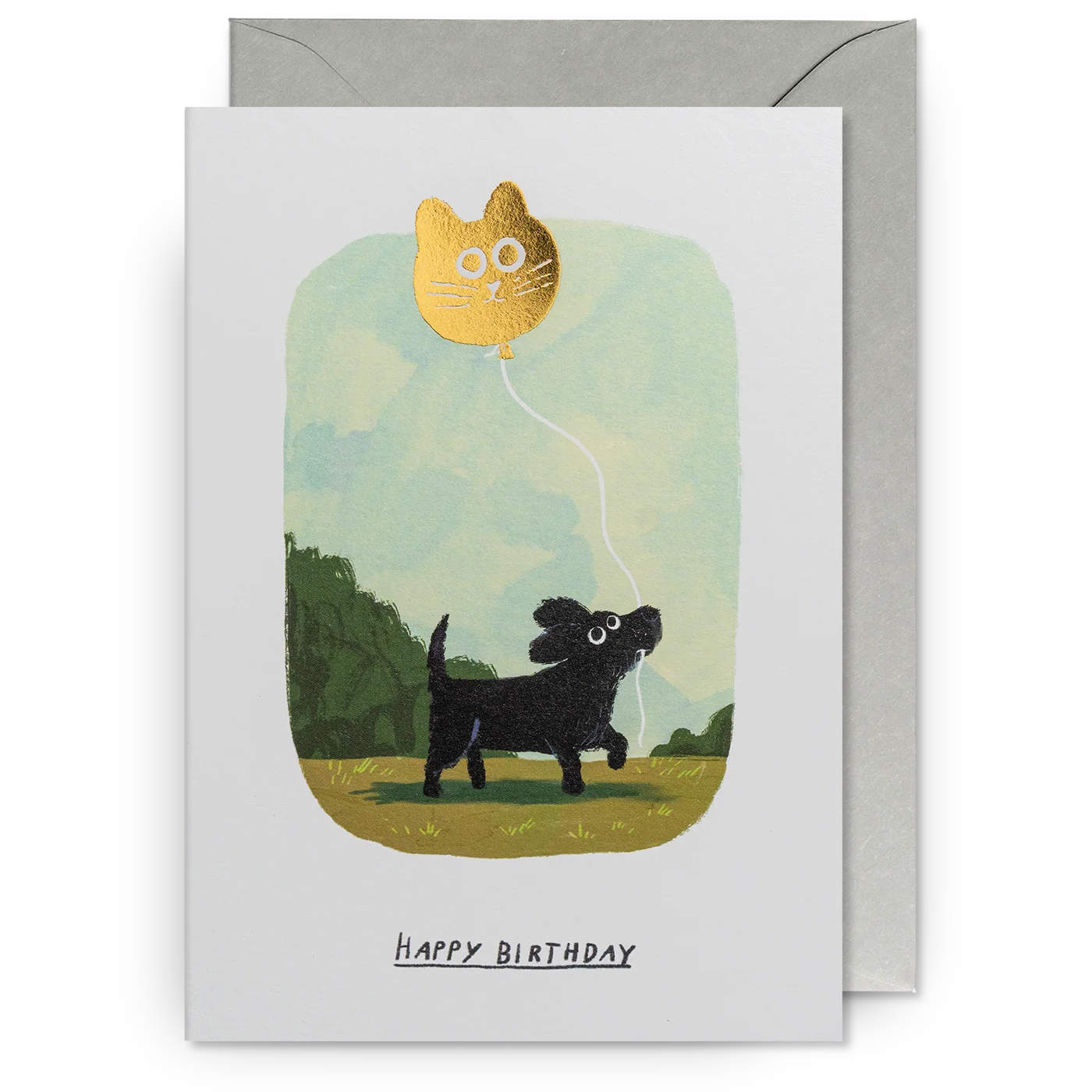 Dog with Cat Balloon Happy Birthday Card | John Bond