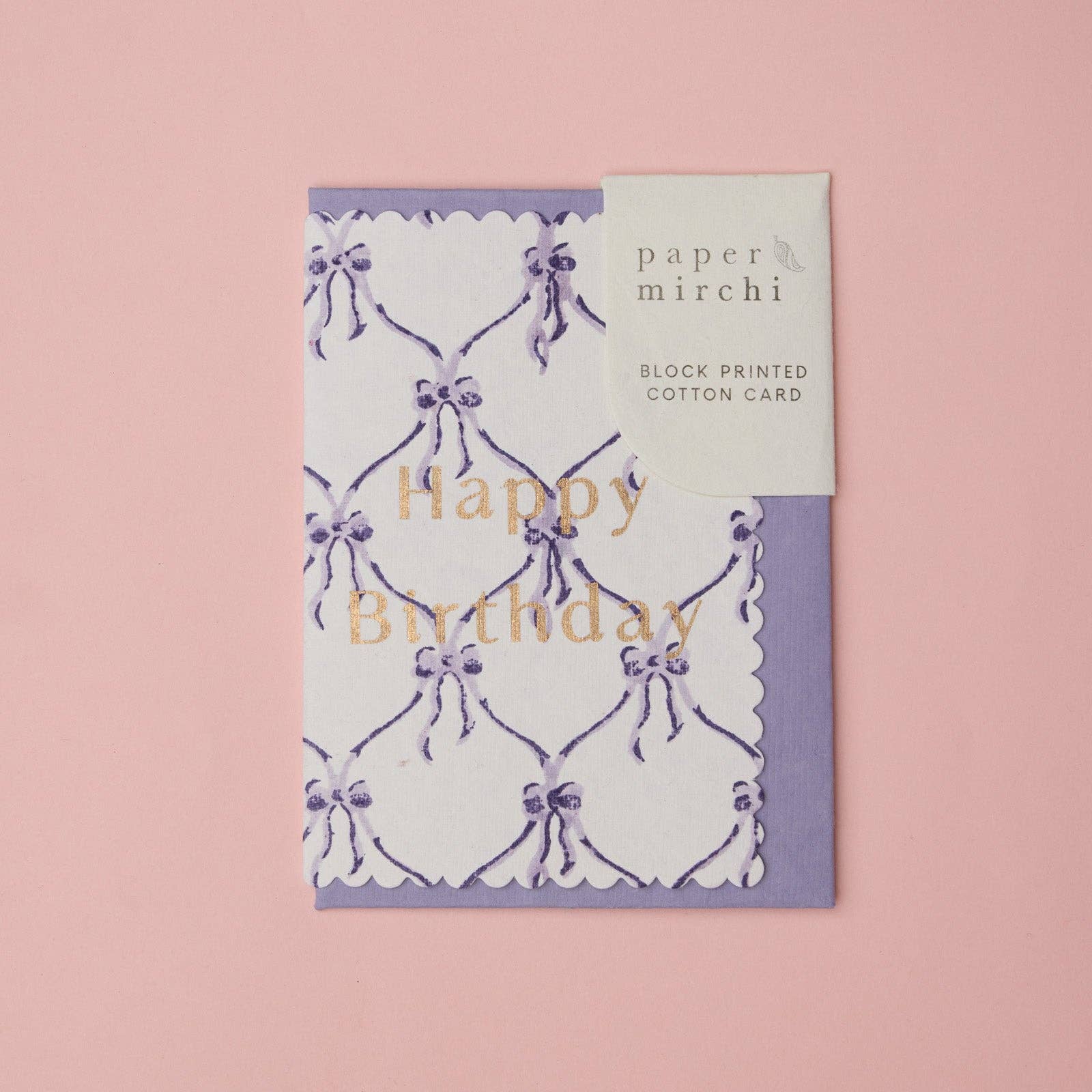Hand Block Printed Greeting Card | Bows Violet Meringue