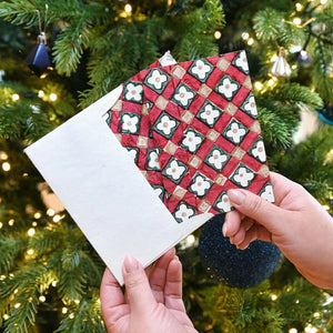 Hand Block Printed Greeting Card | Floral Checks Scarlet