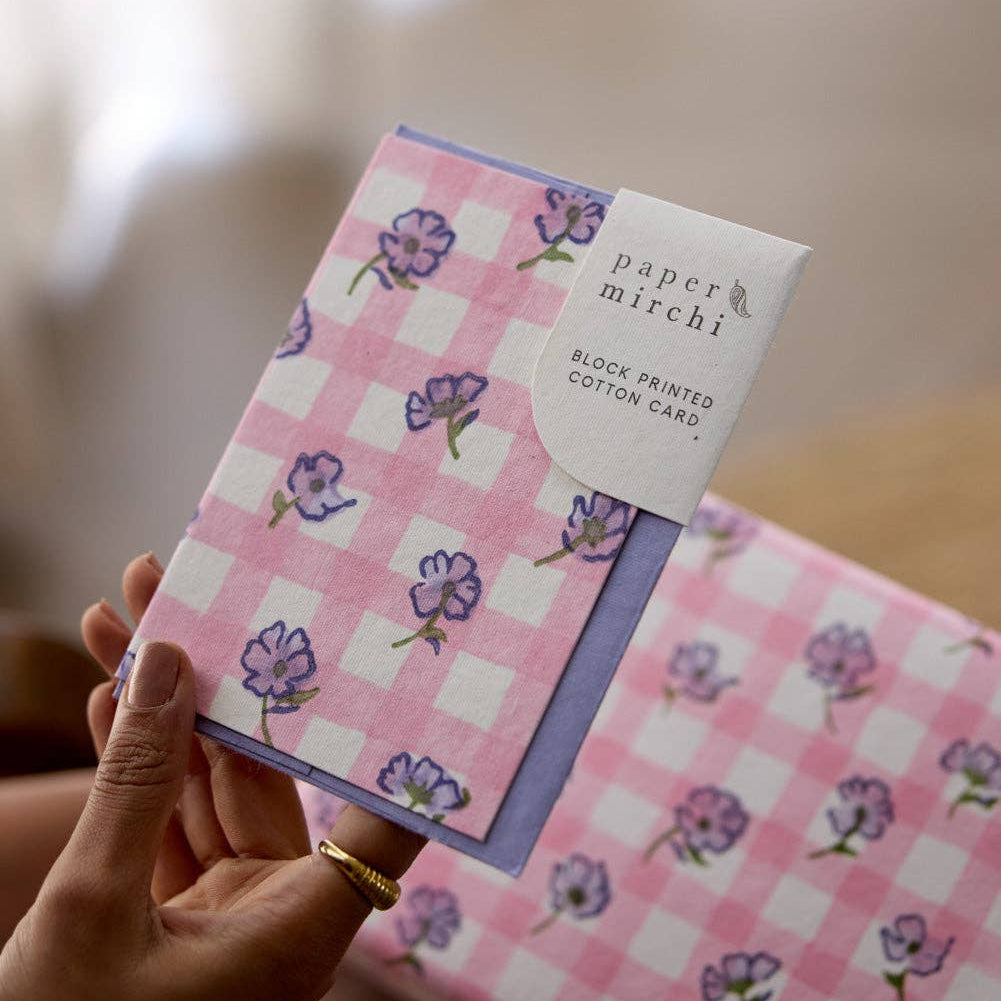 Hand Block Printed Greeting Card | Gingham Violet Meringue