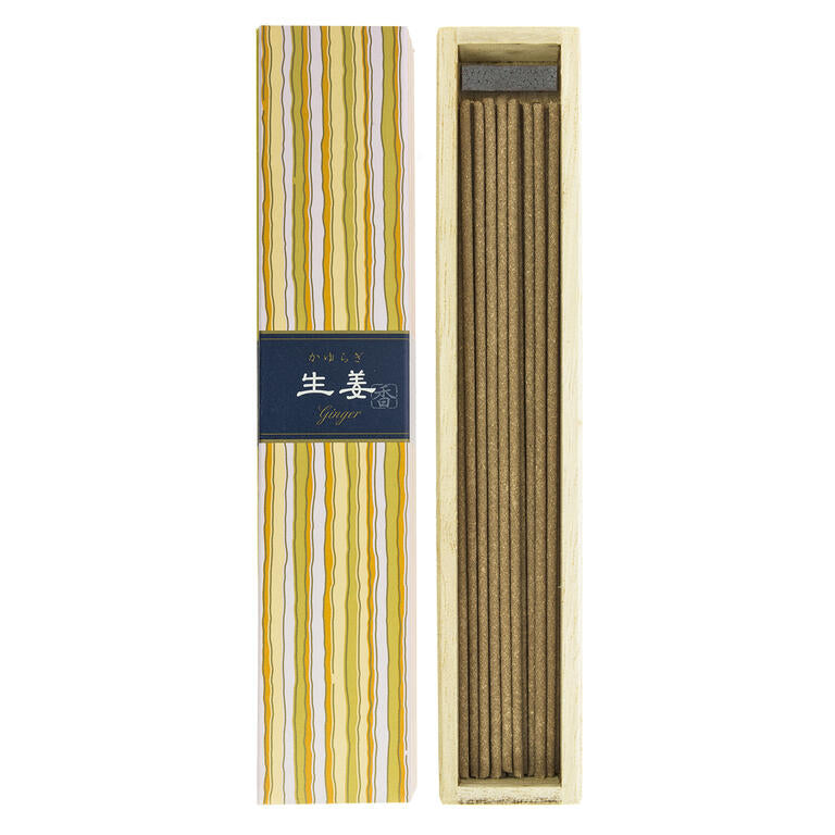 Incense sticks in a wooden box with striped packaging on a white background