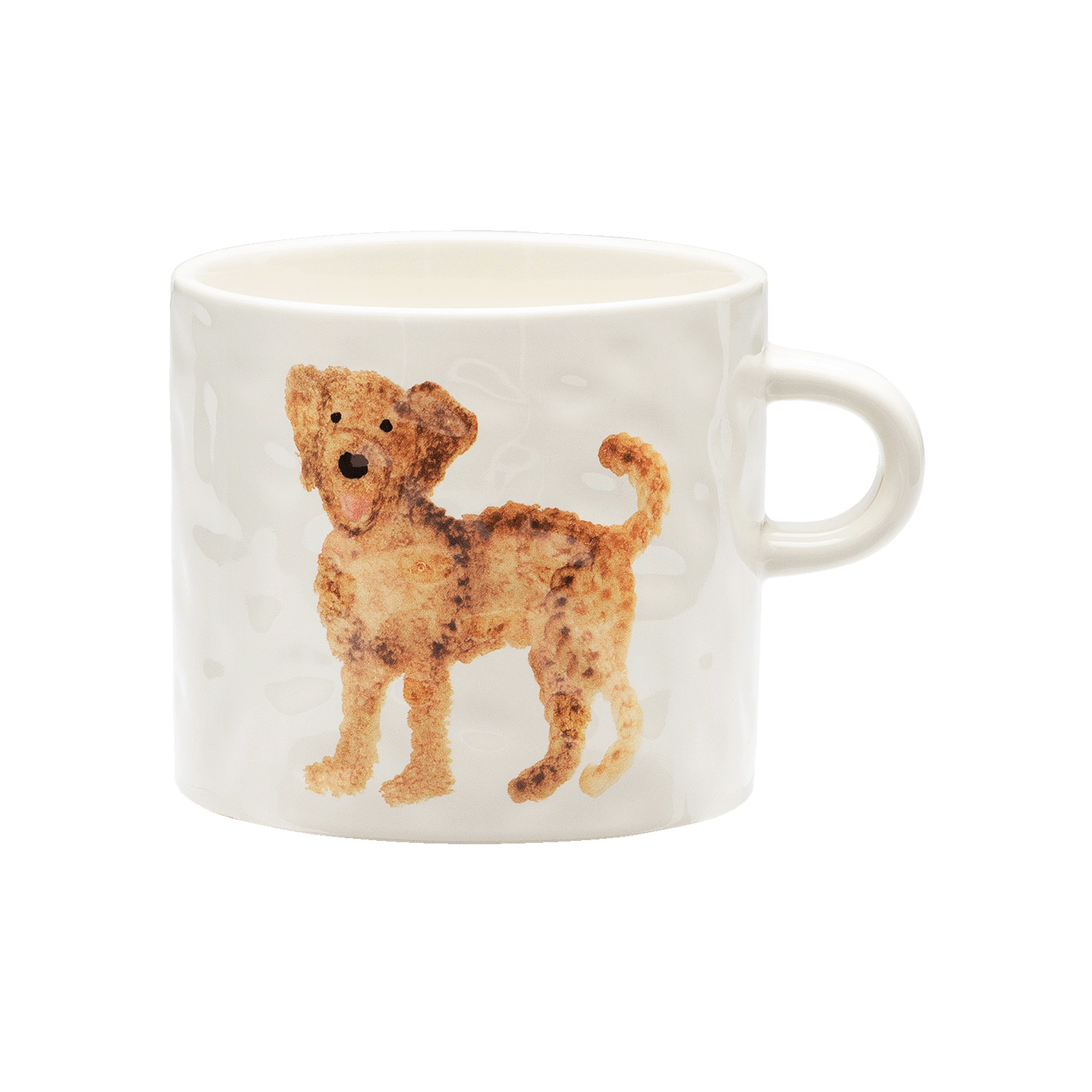 White mug with a brown dog illustration on a white background