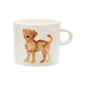 White mug with a brown dog illustration on a white background