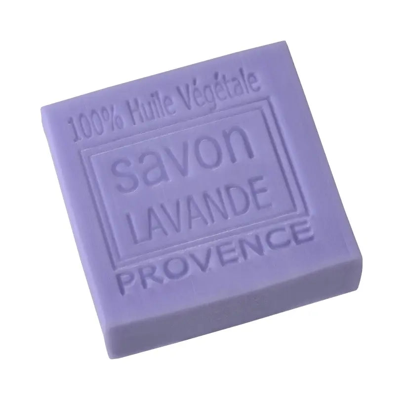 Purple soap bar with 'savon lavande provence' text on a white background