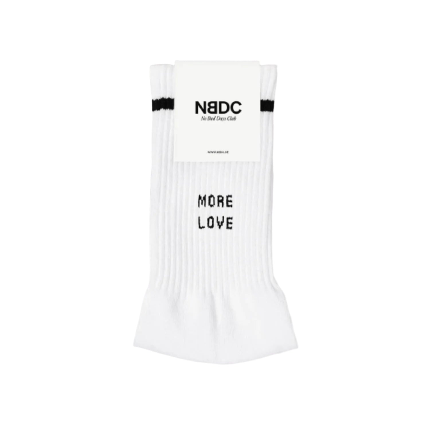 White sock with black text on a light gray background