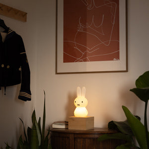 Framed abstract art on a wall with a glowing rabbit-shaped night light on a wooden side table.
