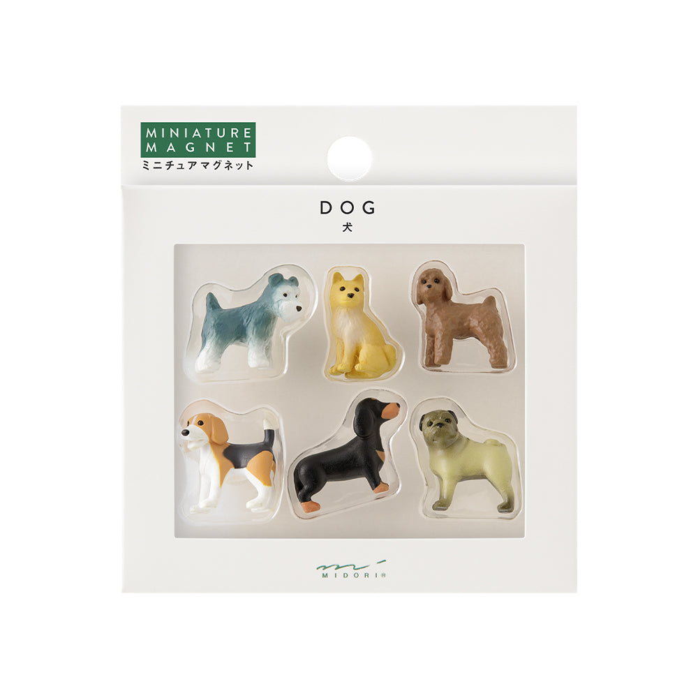 Packaged miniature dog magnets with 'MIDORI' branding on a white background