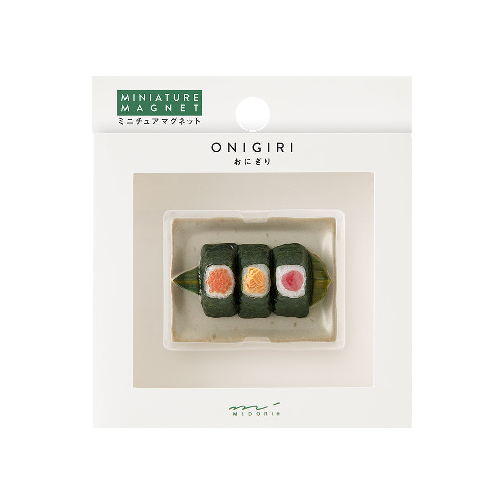 Onigiri-shaped miniature magnet packaging with visible brand name.