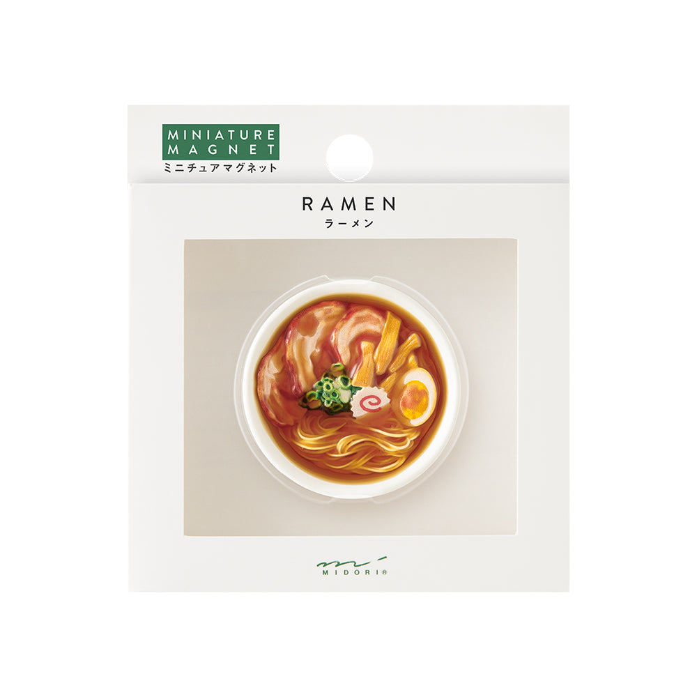 Packaged miniature ramen magnet with branding on a white background